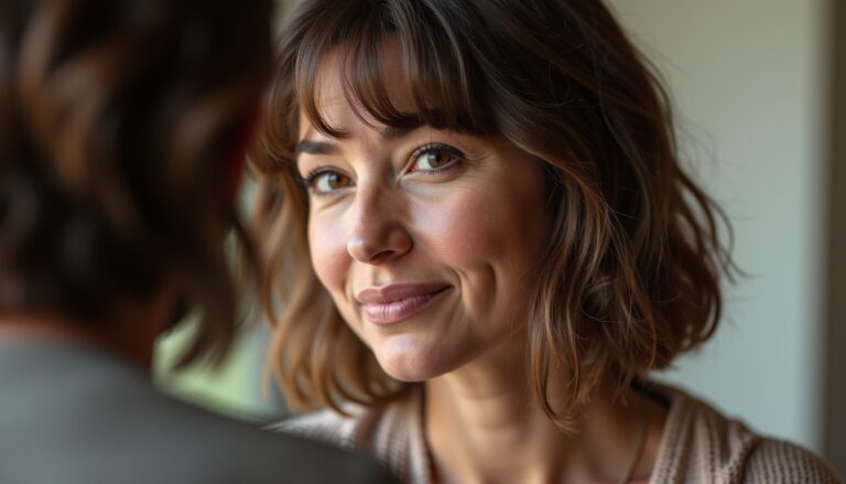 Guide coiffure 50 ans : Coupe mi-longue dégradée effilée avec frange élégante