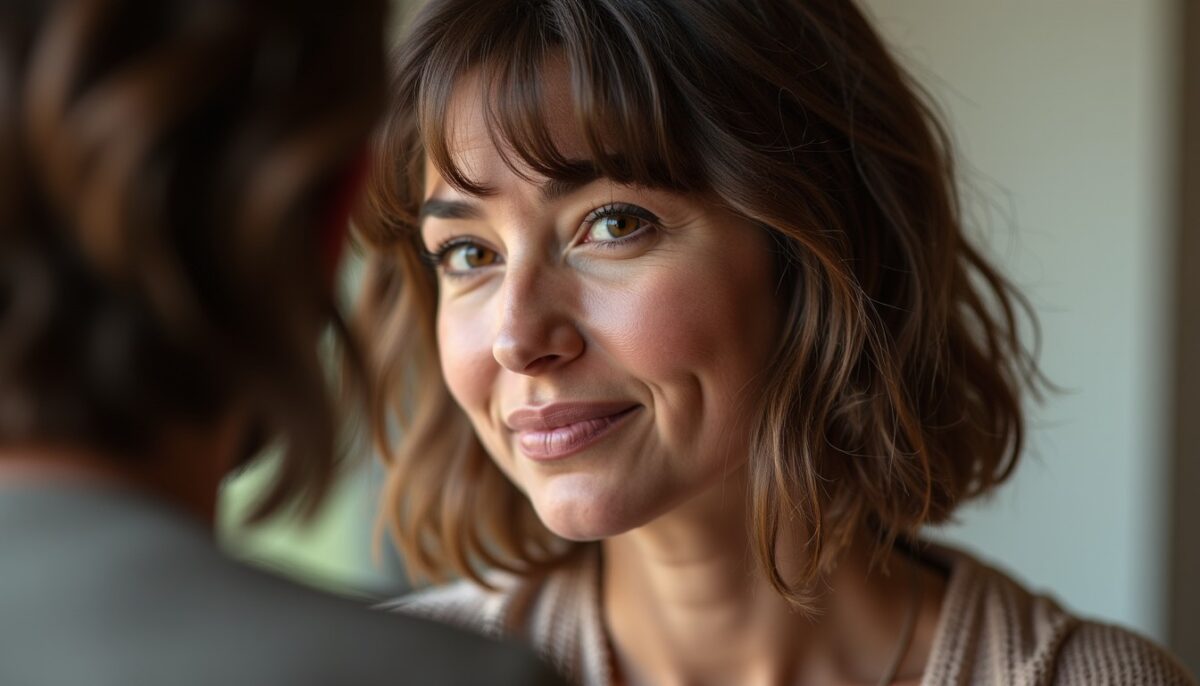 Guide coiffure 50 ans : Coupe mi-longue dégradée effilée avec frange élégante